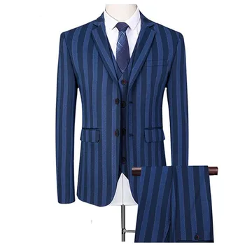 

( Jacket + Vest +Pants) Mens Three-piece suit Fashion Striped Groom Wedding Dress Blazer Male Casual Business Suit