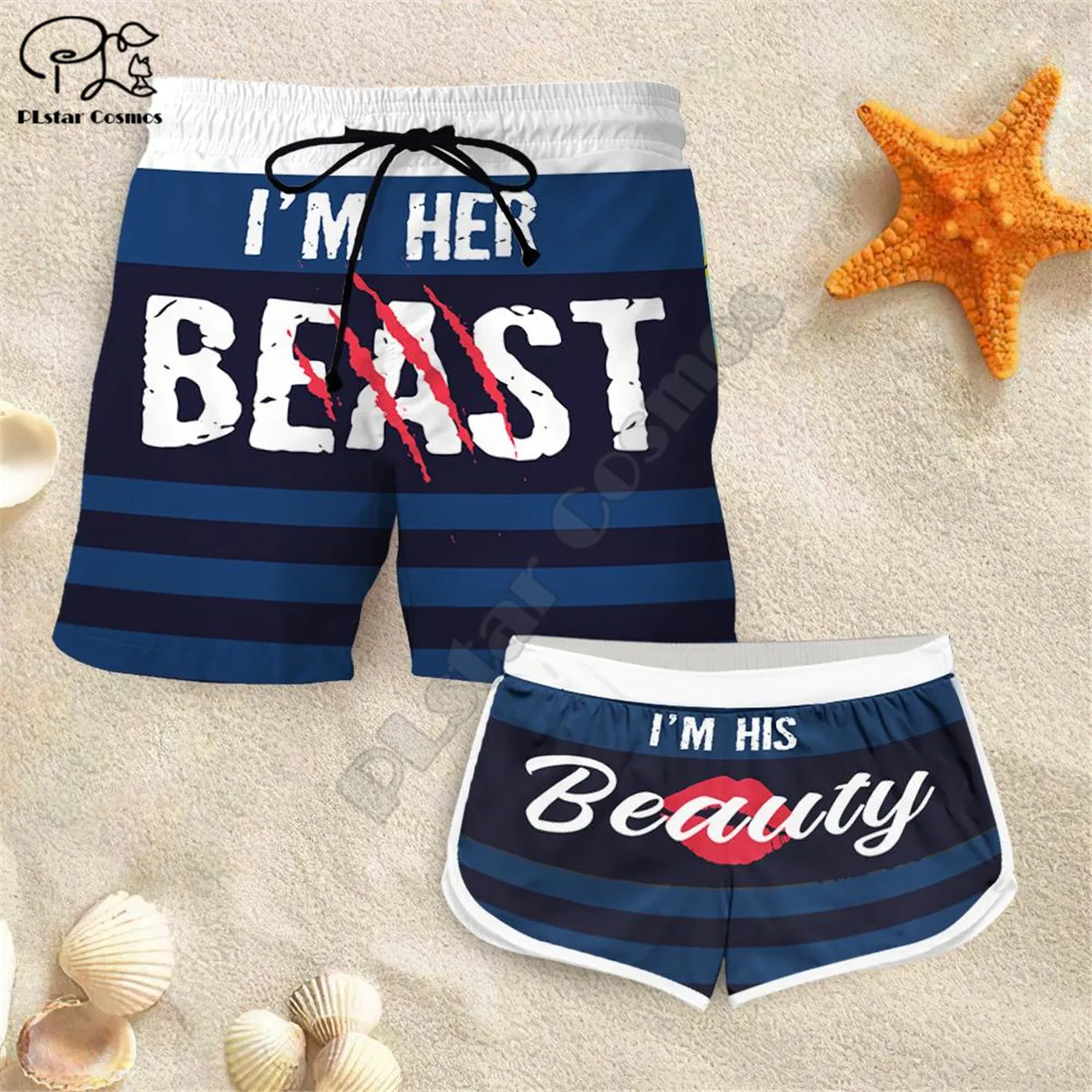 

Couple Matching BEAUTY AND THE BEAST Printed 3d Shorts women men Elastic Waist Summer Quick Dry Beach shorts