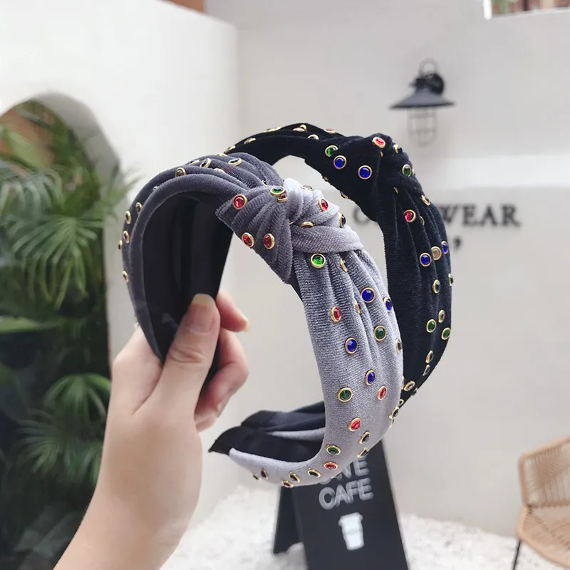 Vintage Colorful Rhinestone Hair Bands For Women Hair Clips Velvet Turban Headband Girls Hair Accessories haar accessoires