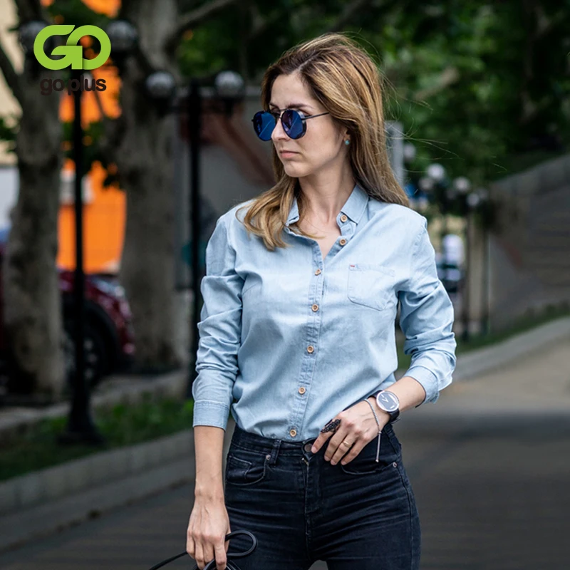  GOPLUS Women's Shirt Blue Blouse Clothing for Women Tops 2019 Turn Down Collar Denim Blouses Cotton