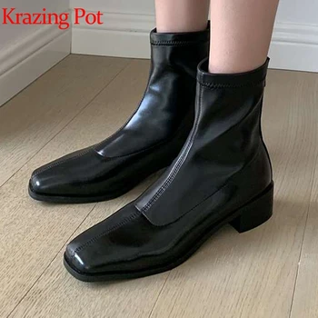 

Krazing Pot new cow leather high quality Chelsea boots elegant women med heels square toe stretch fabric zipper ankle boots L16