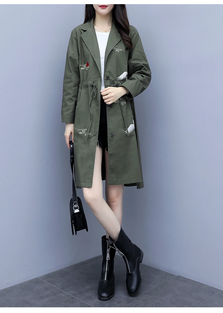 

Autumn new large size tie belt waist long embroidered windbreaker jacket