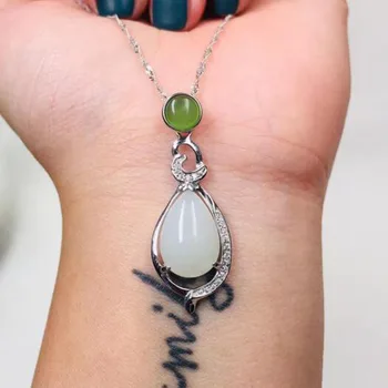 

925 Sterling Silver White HeTian Jade Water Drop Design Lucky Pendant + Chain Necklace Fine Jewelry Charm Gift