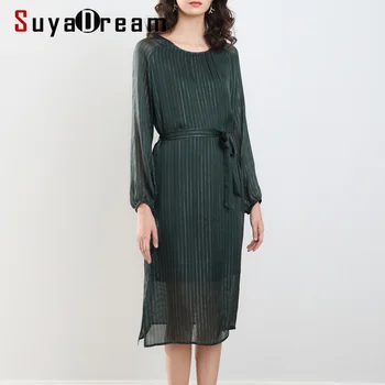 

SuyaDream Women Belted Silk Dresses 100%Silk STRIPED Round Collar Office Dress 2020 Spring Summer New