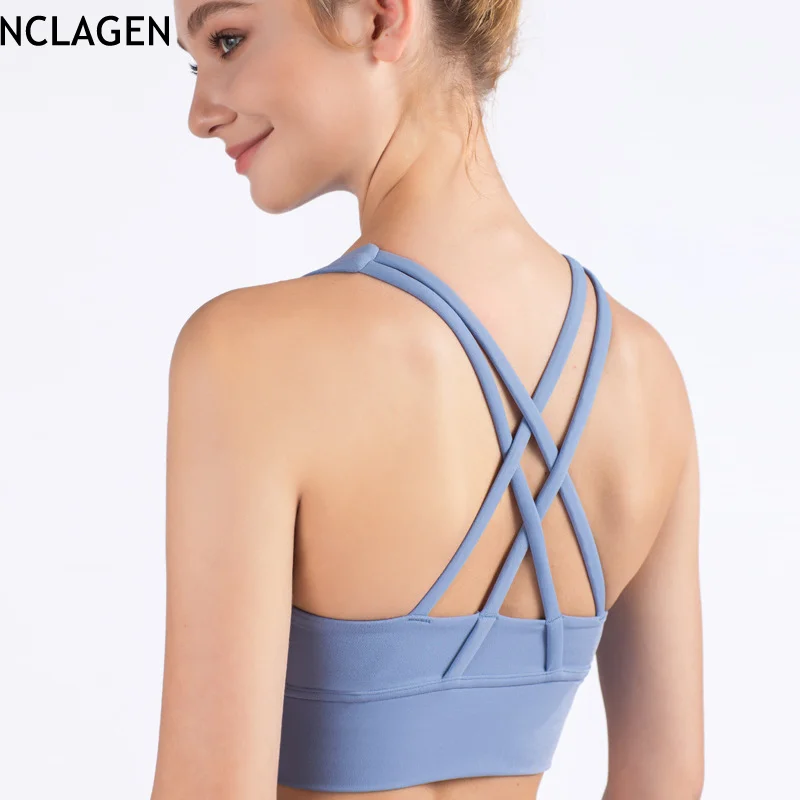 

NCLAGEN Yoga Vest Woman High Impact Sports Bra Cross-Back Gym Workout Running Push-up Crop Quick Dry Stretchy Fitness Top