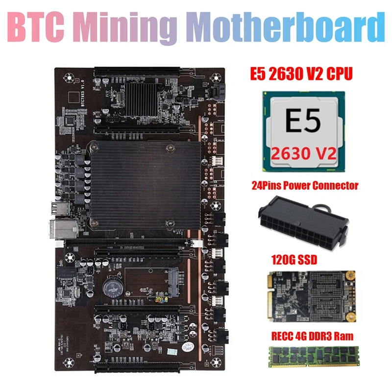 AU42 -H61 X79 BTC Mining Motherboard with E5 2630 V2 CPU+RECC 4G DDR3 Ram+24 Pins Connector+120G SSD Support 3060 3070 GPU | Компьютеры и