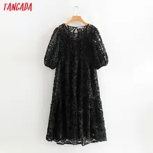 Tangada женское элегантное Сетчатое кружевное Цветочное платье с круглым вырезом и коротким рукавом Модные женские черные вечерние платья миди vestidos 3W33