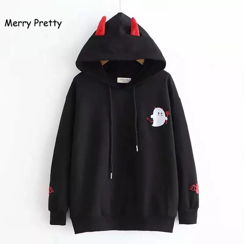 Merry Pretty, женские хлопковые Толстовки, Толстовки с ушками, Harajuku, черный дьявол, вышивка, толстовка с капюшоном, пуловеры, худи для девочек