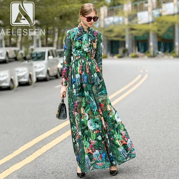 

AELESEEN 2020 Spring New Runway Design Green Rainforest A-Line Dresses Women Elegant Chiffon Draped Waist Maxi Dress With Scarf