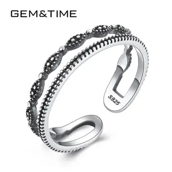 

Gem&Time 100% 925 Sterling Silver Embossed Pattern Layerd Finger Ring Vintage Style Hollow Adjustable Rings Fine Jewelry SR0243