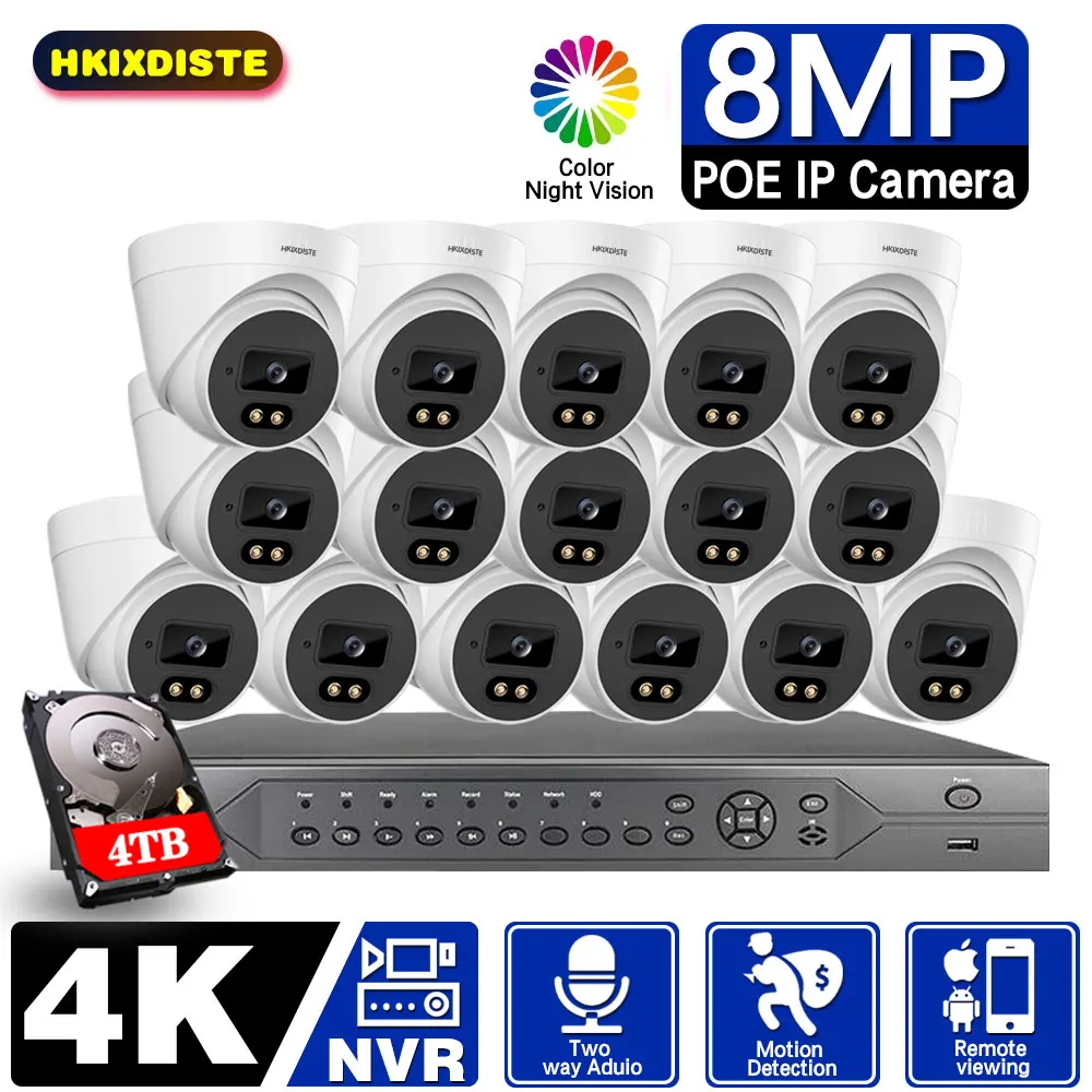 

H.265 16CH 8CH 4CH 4K Audio Record Security Camera System CCTV POE NVR Kit 8MP 5MP Color Night Video Surveillance IP Camera Set