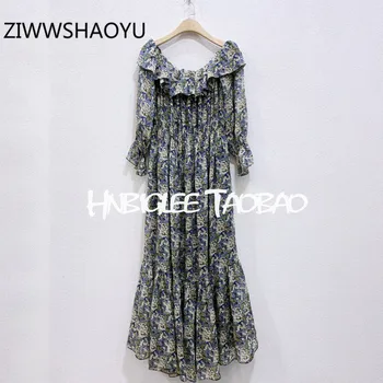 

ZIWWSHAOYU Women Summer Multicolor Sexy Off Shoulder Ditsy Floral Print Vintage Dress Ladies Slash Neck Ruffles Long Dresses