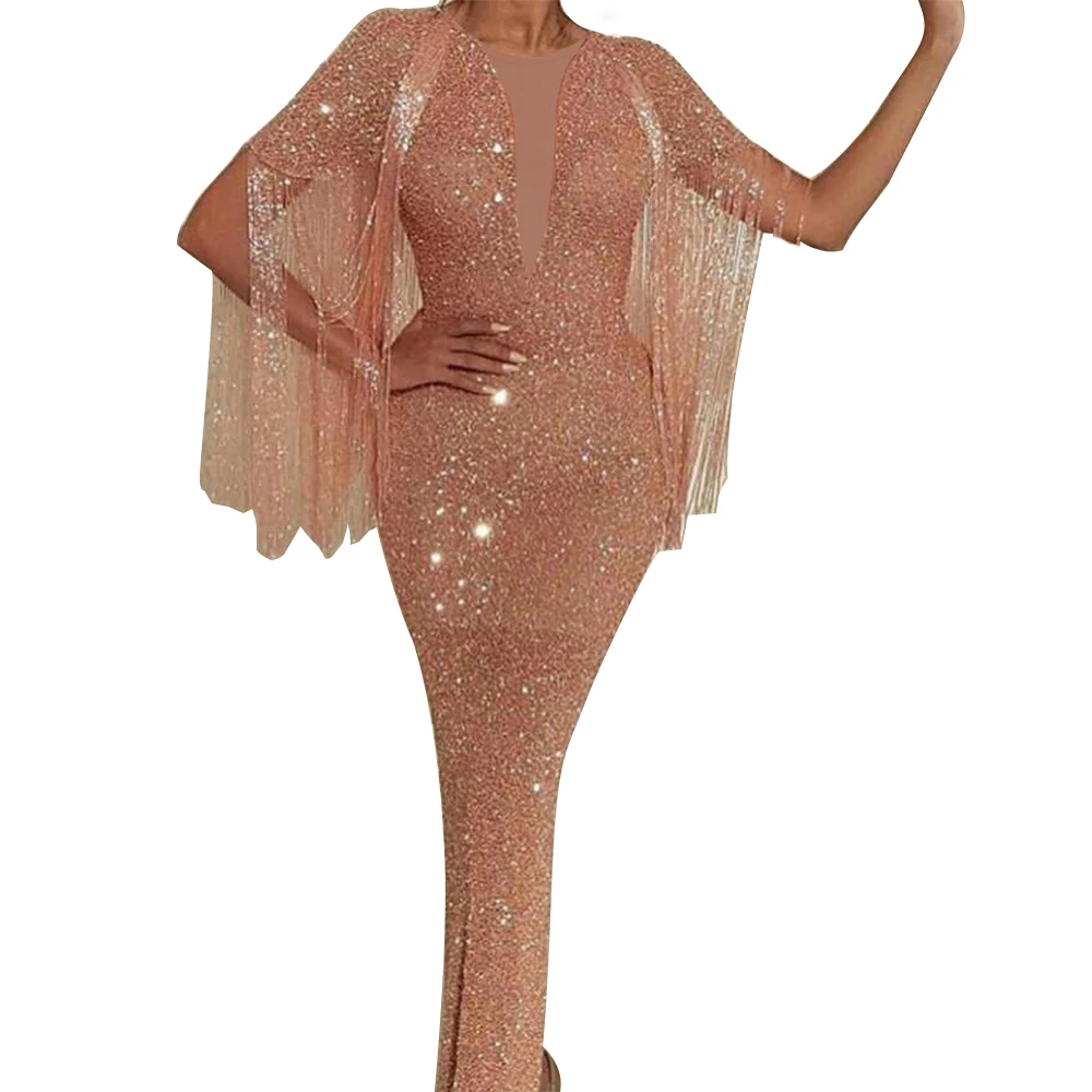 

Women's Sexy Deep V Neck Line Sequined Evening Gown With A Long Fringe And A Sparkling Slit Fashion Ladies Shiny Dresses New Hot