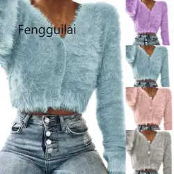 Горячая распродажа женский зимний модный сексуальный v-образный вырез с длинным рукавом пушистый Повседневный теплый свитер укороченный