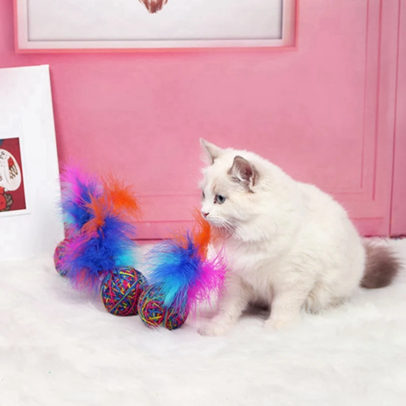 Акриловые волокна струны тканый шар с перьями Pet интерактивные игральные игрушки кошка Тизер Игрушка продукция для домашних животных