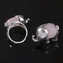 Kraft-beads Silver Plated Elephant Shape Natural Rose Pink Quartz Resizable Finger Ring For Women Jewelry