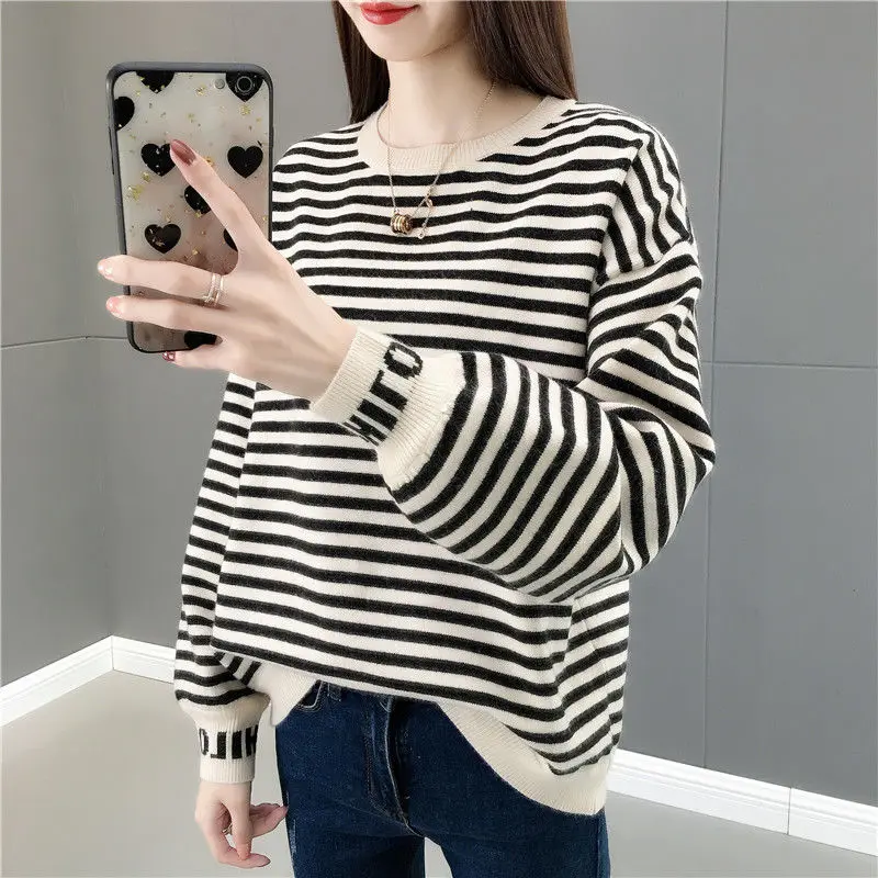 Suéter Ligero Para Mujer - Manga Larga, Corte Holgado, Rayas, Cuello En V, Tela Elástica Y Transpirable