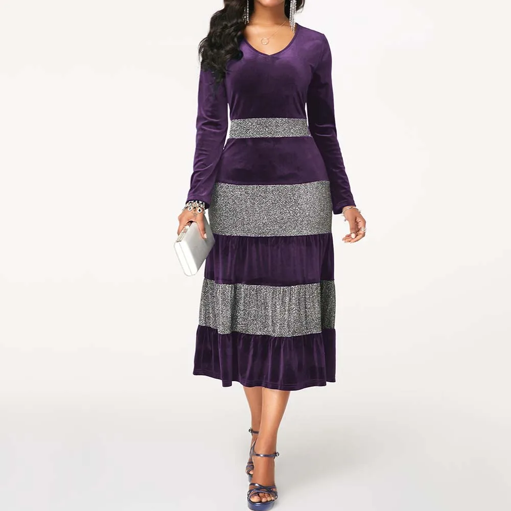 

Plus Size Striped Patchwork Velvet Women Dress Ruffle Elegant Prom Party Dresses Bule Long Sleeve Ladies Office Robe de soiree
