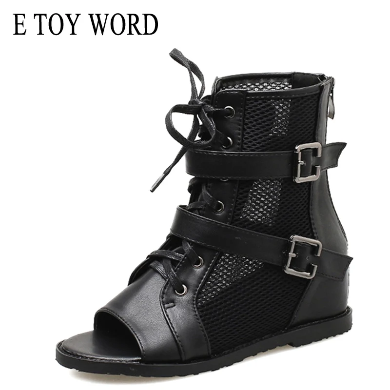 

E TOY WORD Women Sandals 2019 Spring Summer Roman Mesh Lace Up Sandals Comfortable Height Increaseing Women Shoes Summer boots