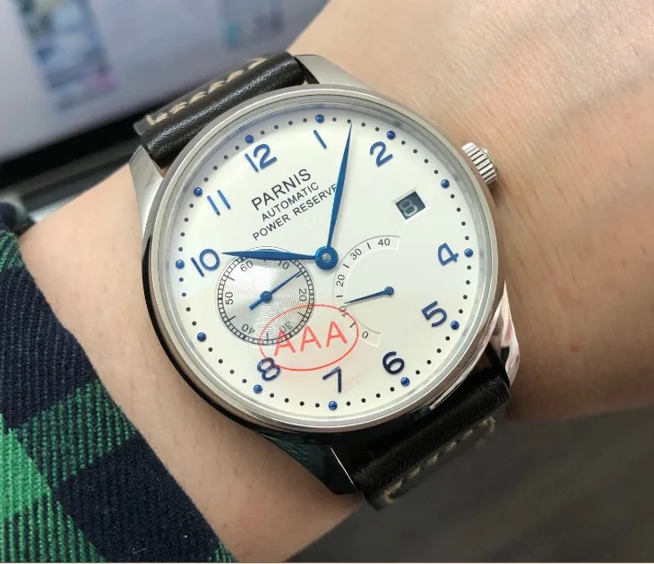 

Sapphire crystal 43mm PARNIS White dial power reserve Automatic Self-Wind Mechanical movement Auto Date men's watch pa010-20