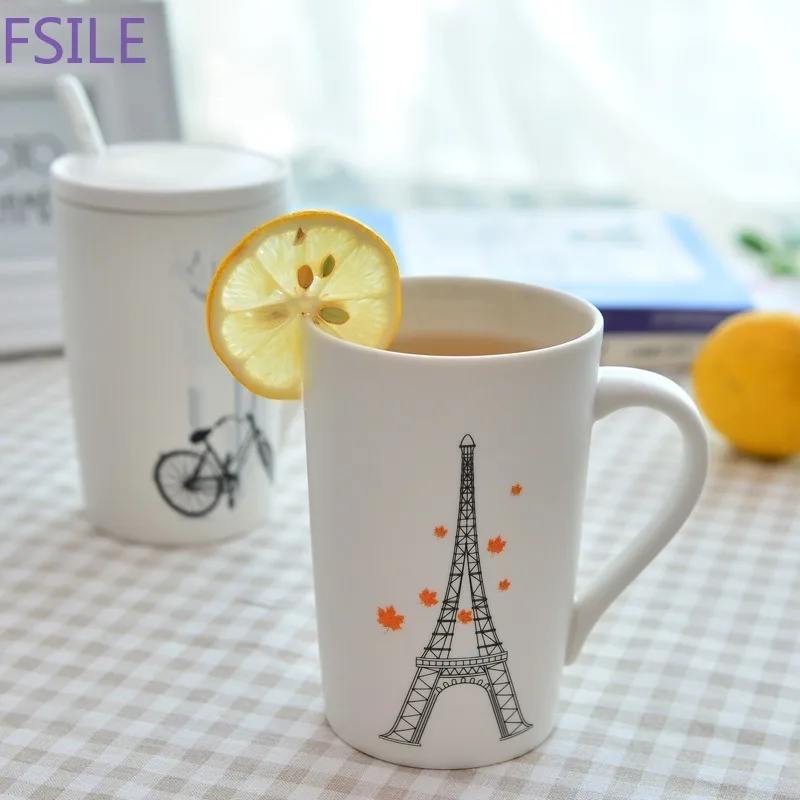 Fsile Creative Pattern Heat-resistant Mug 400ml Cup with Lid Spoon Milk Coffee Ceramic Cup Couple Cup Office Drinking Cup Gift