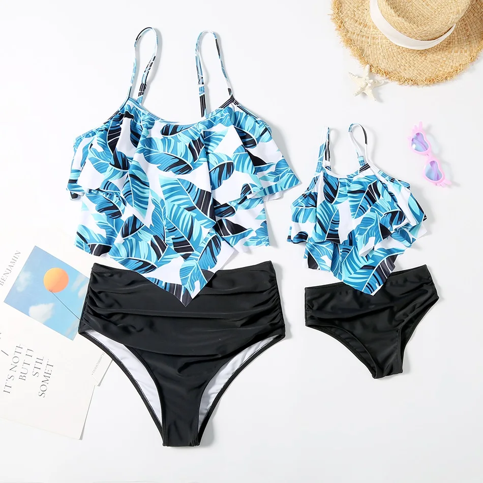 

Tank Leaf Mother Daughter Swimsuit Family Look Mommy and Me Matching Swimwear Clothes Mom Mum Baby Women Girls Beachwear Dresses
