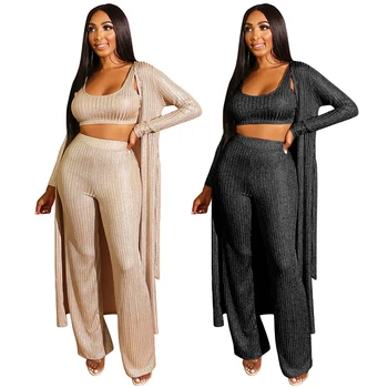 

3 Piece Women Set Strap Vest Crop Top High Waist Wide Leg Pant Long Sleeve Cardigan Suits Belt Streetwear Club Party Outfits New