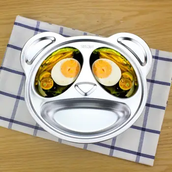

304 Stainless Steel Panda Cartoon Plate Home Kindergarten Shatter-resistant Grid Plate Children's Fast Food Plate Cartoon Dinner