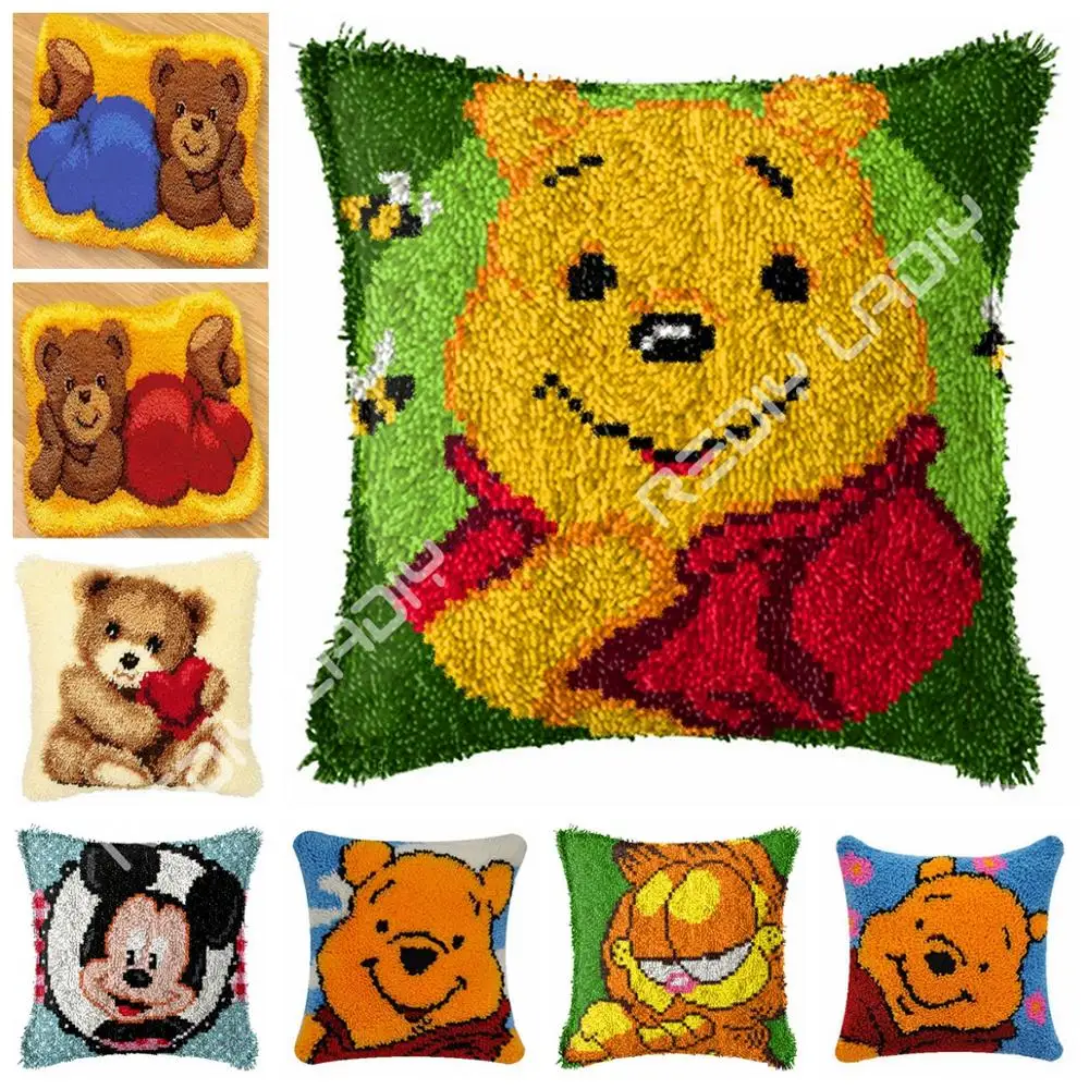 

Latch Hook Kits Teddy Winnie Cushion Cover Pre-Printed Color Canvas Crocheting Arts & Crafts Pillow Case Sofa Pillows Home Decor