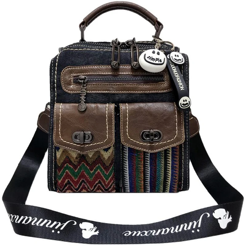 

Vintage Panelled Mini Backpack Women Bolsas De Mujer De Lujo Marcas Leather With Denim Mochila Feminina Fashion Shoulder Bags