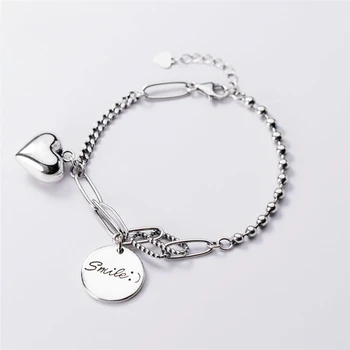 

Sole Memory Round Tag Smooth Shiny Heart Pendant 925 Sterling Silver Female Resizable Bracelets SBR268