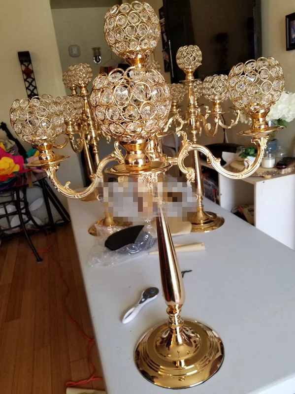 12pcs 5-arms gold crystal candelabras table centerpieces wedding candle holder centerpiece party decor 0779