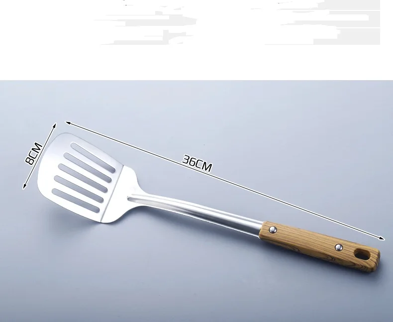 Frying shovel Деревянная ручка, нержавеющая сталь, горшок, шпатель, щелевая ложка, изолированная кухонная утварь, кухонный набор для приготовления пищи - Цвет: Frying shovel