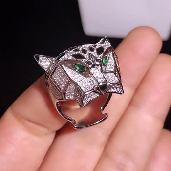 

Zircon Stone Leopard Head Finger Ring Green Eye Panther Animal Half Stone Men Women Statement Cool Party Ring Jewelry