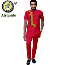 

African Clothes for Men Short Sleeve Dashiki Blouse and Pants 2 Piece Set Ankara Outfit Plus Size Suit with Kerchief S2116012