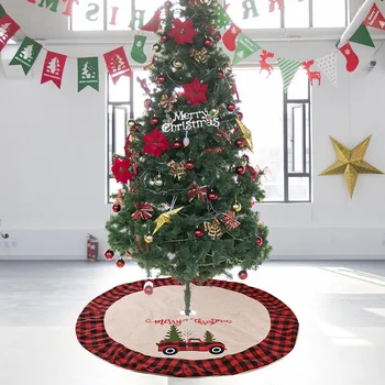 

Plaid Christmas Tree Skirt Cartoon Car Print Tree Apron with Velcro Xmas Ornament for Holiday Party