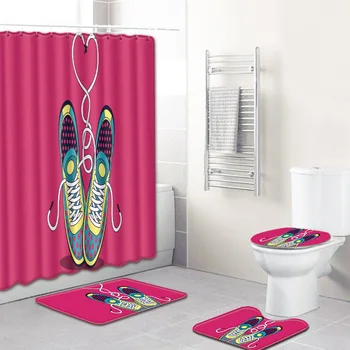 

Cartoon Weird Coffee Floor Mat Shower Curtain Bathroom Non-Slip Mat Four-Piece Set Anti Slip Bathroom Carpet 3D Toilet Mat Set