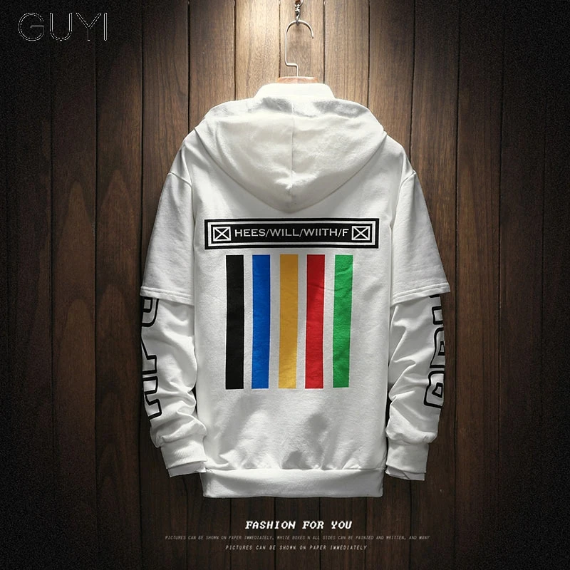 

GUYI Striped Rinbow Color Print Hoodies Men Off Fake Two Pieces Drawstring Rib White Pullovers Black Fashion Casual Streetwear