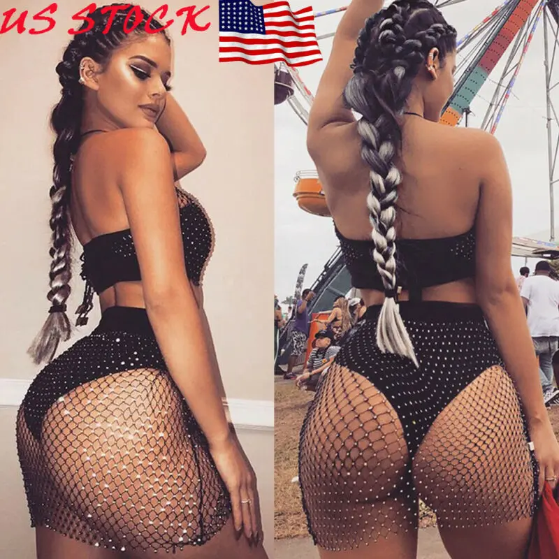 

2019 New Style Hollow Out Women's Sexy Shiny Crystal Mesh Short Mini Skirt Bikini Cover Up Clubwear New