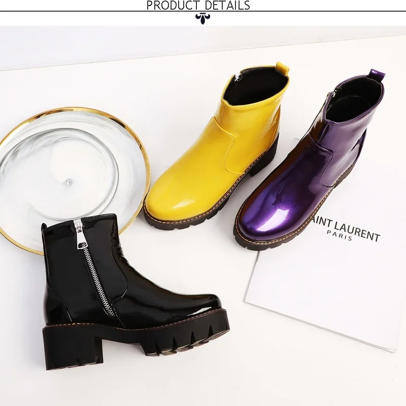 EGONERY/ботинки на платформе в стиле панк; Модные ботильоны из лакированной кожи фиолетового, желтого, черного цвета; женская обувь на среднем каблуке 5,5 см; 32-43CN