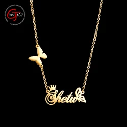 Goxijite Trendy Stainless Steel Name Necklace For Women Custom Butterfly Crown Names Necklaces Personalized Jewelry
