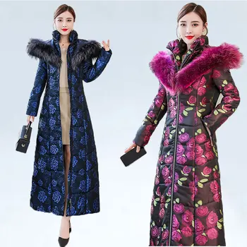 

Winter Jacket Woman Luxurious Printing Hooded Coat Thickened Super-long Big Fur Collar Down Feather Cotton-padded Jacket Female