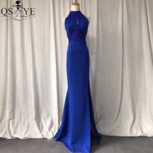 

Halter Neck Royal Blue Evening Dresses Mermaid High Neck Prom Gown Crystal Bead Party Dress Stretch Split Women Fit Formal Gown