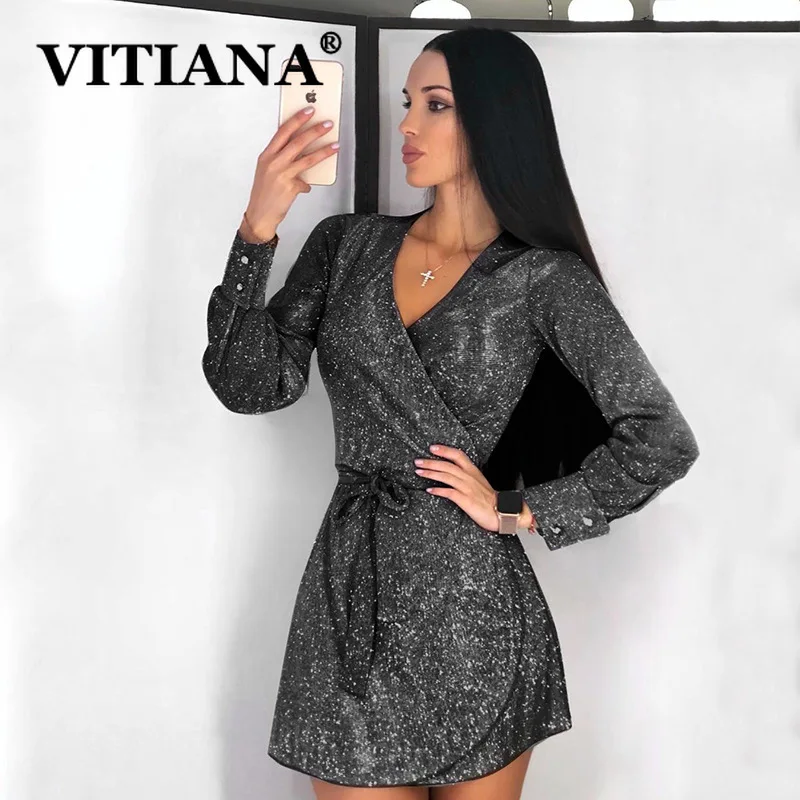 VITIANA, женское блестящее сексуальное платье с блестками, длинный рукав, v-образный вырез, пояс, элегантные черные Короткие мини платья для вечеринок, распродажа, шелковые блестящие платья