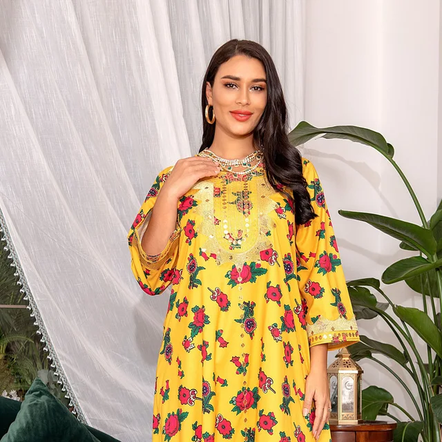 Fancy Dubai Luxury Abaya Long Dress Woman Clothes American Muslim Summer Flora Jalabiya White Green Yellow Blue Robe With Belt 4