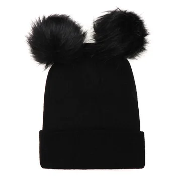 

Women Warm Beanies Faux Fur Soft Double Ball Pompom Girl Knitting Solid Autumn Winter Hat