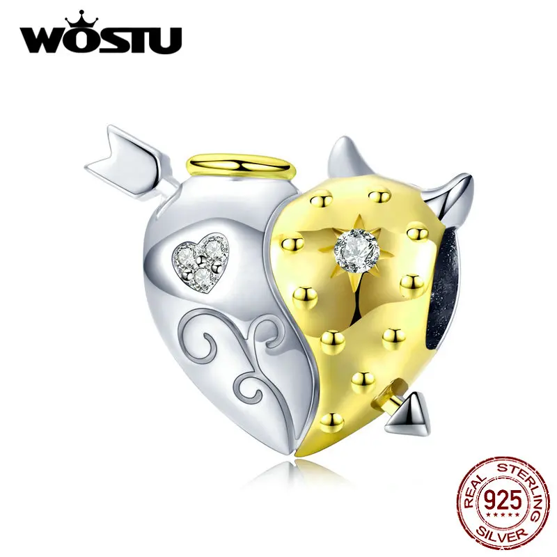 WOSTU, настоящее 925 пробы, серебряный ангел и дьявол, бусины, сердце, золото, подвески, подвеска, подходит для оригинального браслета, браслеты, изготовление ювелирных изделий, BNC107