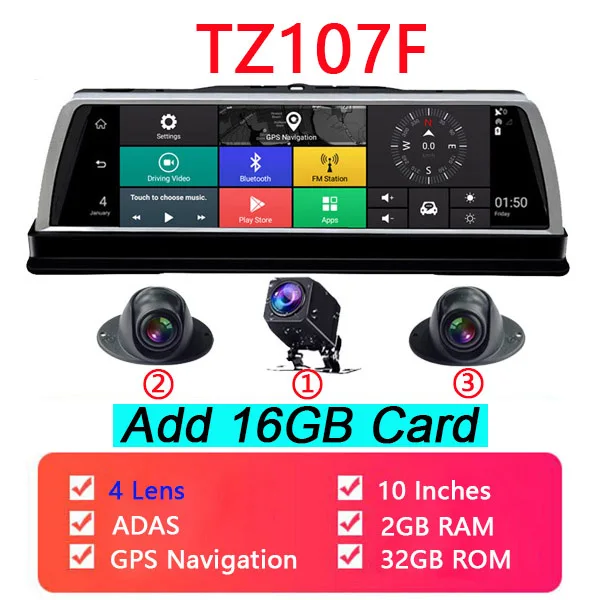 QUIDUX 4 объектива камеры 4G ADAS Автомобильный видеорегистратор Android 5,1 gps видеорегистратор wifi 10 дюймов сенсорный экран 360 градусов ночное видение видео рекордер - Название цвета: TZ107F16G