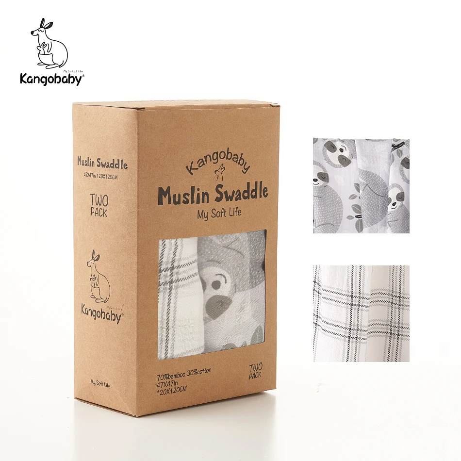 

Kangobaby 2 pcs Pack Bamboo Cotton Muslin Swaddle Blanket with Sloth Pattern