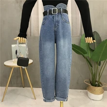 Корейский стиль, женские джинсовые штаны с высокой талией, Джинсы бойфренда, повседневные свободные длинные штаны, женские синие джинсы, брюки с поясом